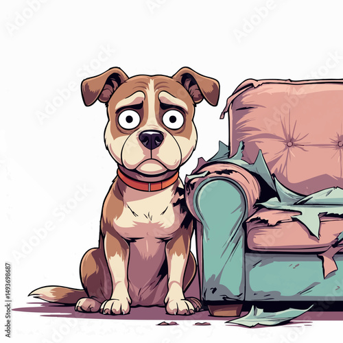 Guilty dog sitting next to destroyed couch – funny cartoon vector illustration
