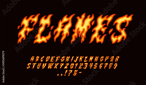 Burning font. Flame letters and numbers, fire alphabet, bonfire magic text, decorative typography, graffiti inscriptions, bright ignite flammable typeface, elements tidy vector isolated set