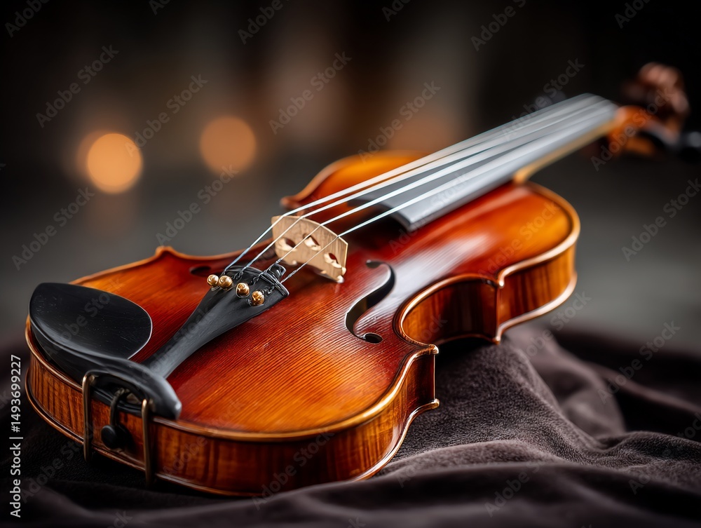 A glowing violin rests serenely A glowing violin rests serenely