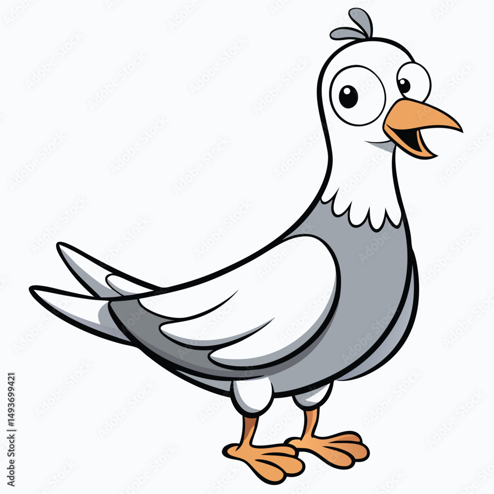 Fototapeta premium Cheerful cartoon pigeon with a light gray body stands upright, seemingly speaking