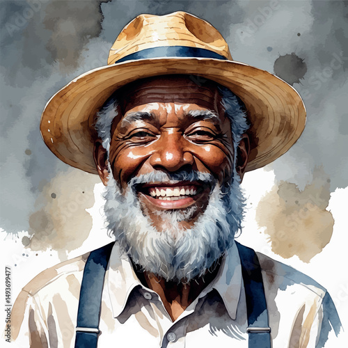 Elderly Black man with hat. Watercolor portrait full of joy and rustic charm.