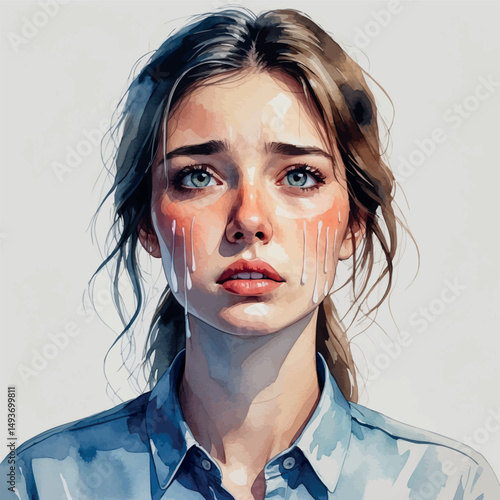 Tearful young woman portrait. Watercolor emotional art with soft sadness.