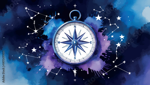 Watercolor Destiny Success - Compass with Constellation Stars, Navigation Illustration
