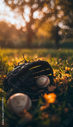 Baseball glove and balls in autumnal park