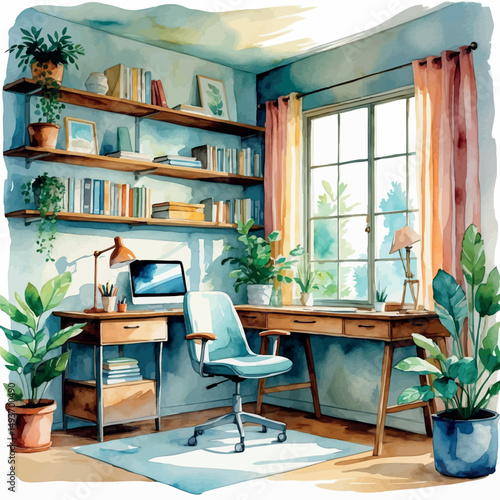 Cozy home office scene. Watercolor vector of stylish interior workspace, isolated illustration.