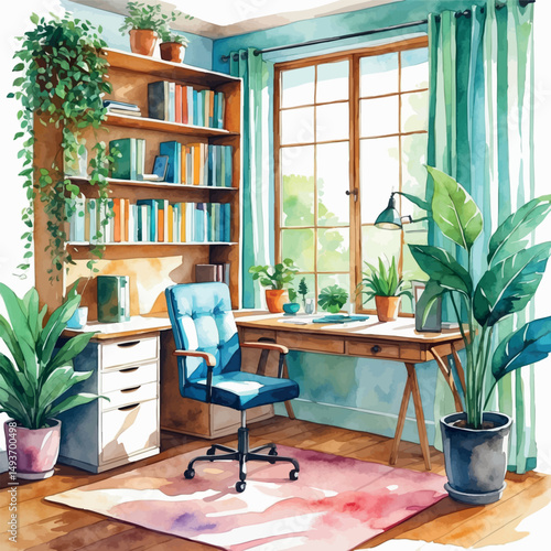 Cozy home office scene. Watercolor vector of stylish interior workspace, isolated illustration.