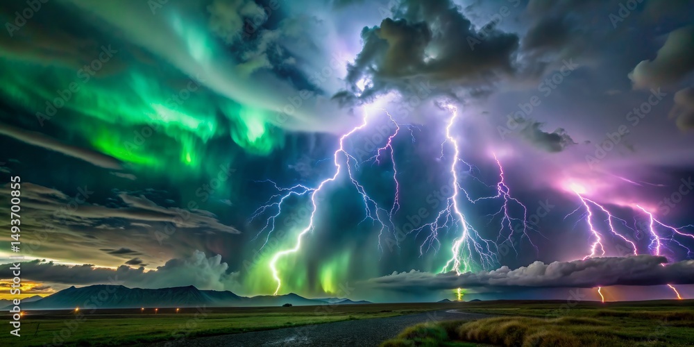 custom made wallpaper toronto digitalAurora Borealis and Lightning Strike Over Icelandic Landscape, Landscape Photography, Night Sky Photography, Aurora Borealis, Iceland , Lightning , Storm