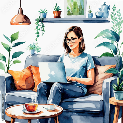Freelancer working from home. Watercolor vector of cozy remote job scene, isolated on white.