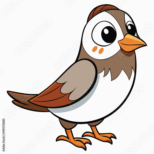 The cute cartoon sparrow, with white chest and brown head, stands cheerfully