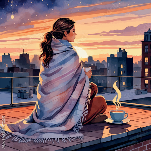 Rooftop sunset vector. Lifestyle of solitude and warmth.