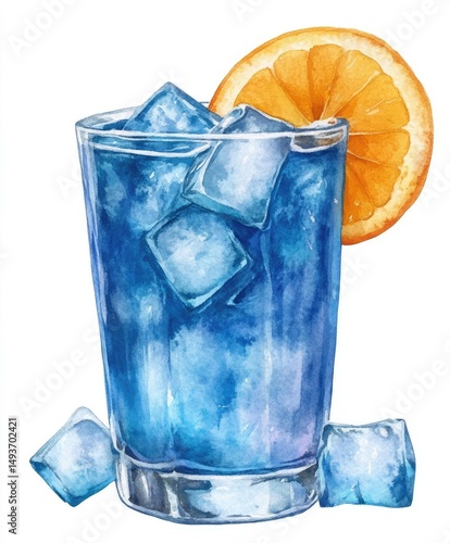 Watercolor illustration of a vibrant blue cocktail with ice and orange slice