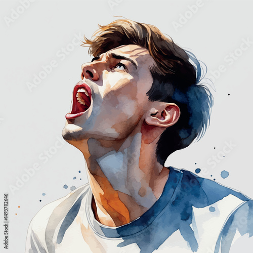 Shocked man vector. Watercolor portrait of surprise and disbelief.