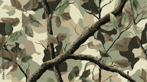 Camouflage seamless pattern. Forest real tree camouflage design. Hunting camouflage.