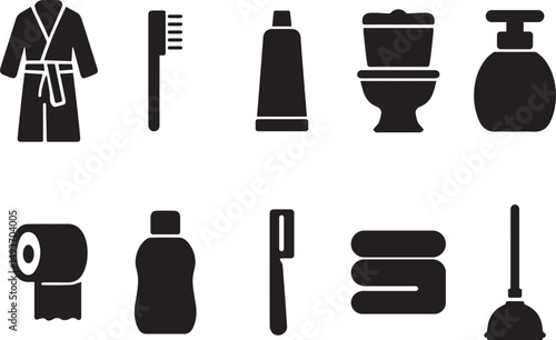  Bathroom and hygiene silhouette set – toiletries, robe, and personal care items