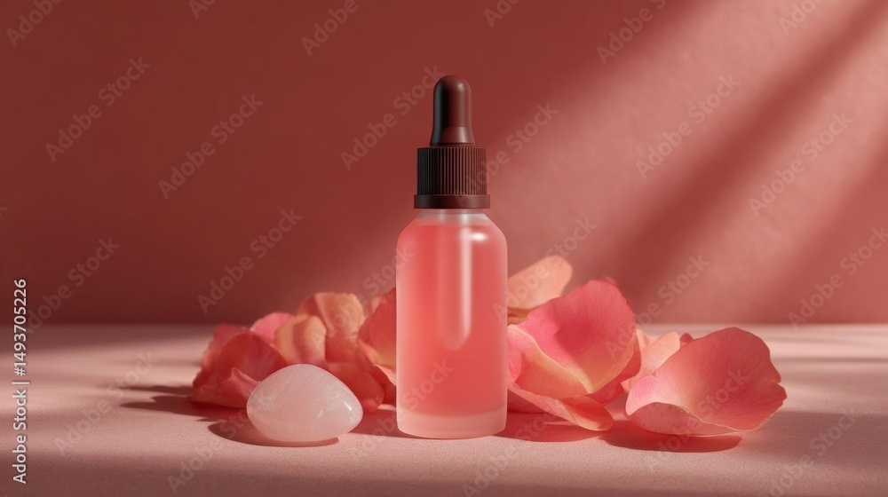 Naklejka premium Small glass dropper bottle with a black dropper cap on a pink background. the bottle is filled with a pink liquid and is placed on a table with rose petals scattered around it.