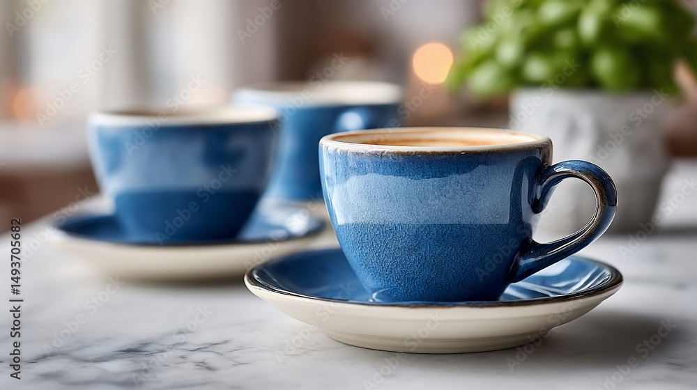 Fototapeta premium Blue coffee cups rest on marble