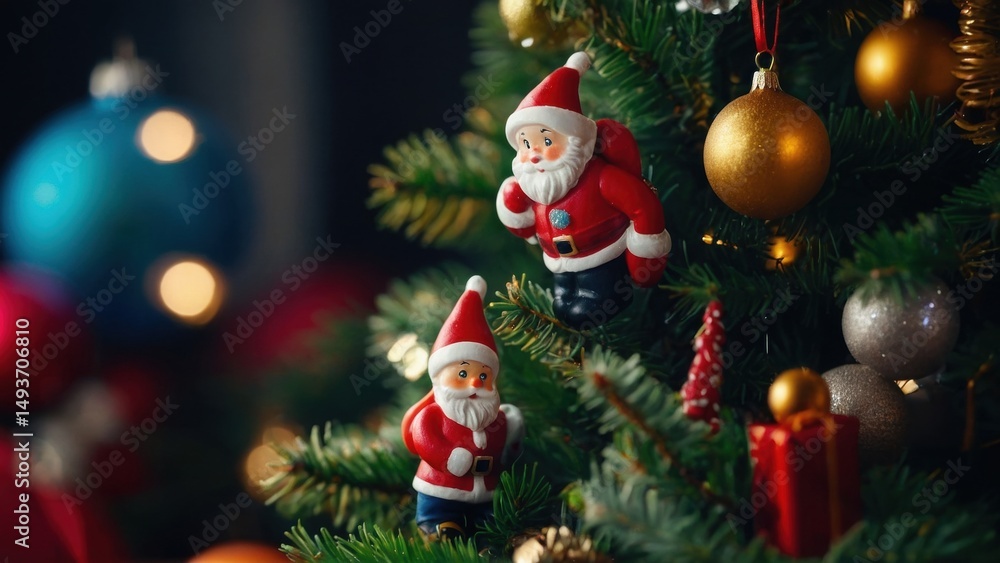 Close-up of Santa Claus Figures on a Christmas Tree with Ornaments and Gifts Close-up of Santa Claus Figures on a Christmas Tree with Ornaments and Gifts