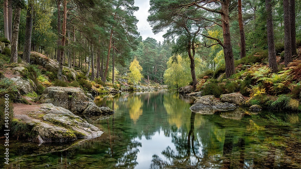 Fototapeta premium River enclosed by dense forest on either bank and rocky landscape on the opposite side