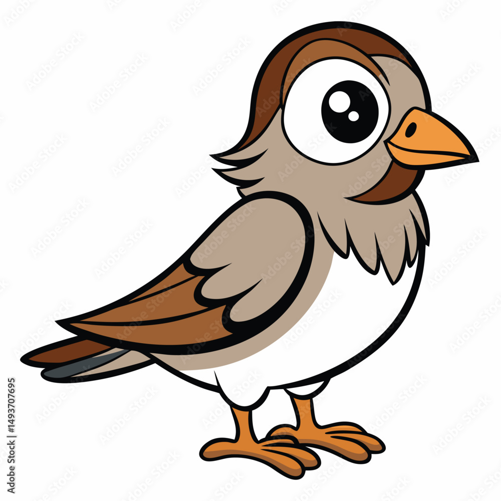 Fototapeta premium Cute cartoon sparrow with brown feathers and big eyes stands isolated on white