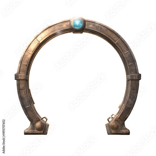 A stargate activated with floating orbs entering, portal concept visual, isolated on transparent background 