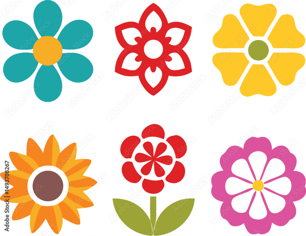 Six colorful flower icons arranged in two rows on a white background in a flat vector style Six colorful flower icons arranged in two rows on a white background in a flat vector style