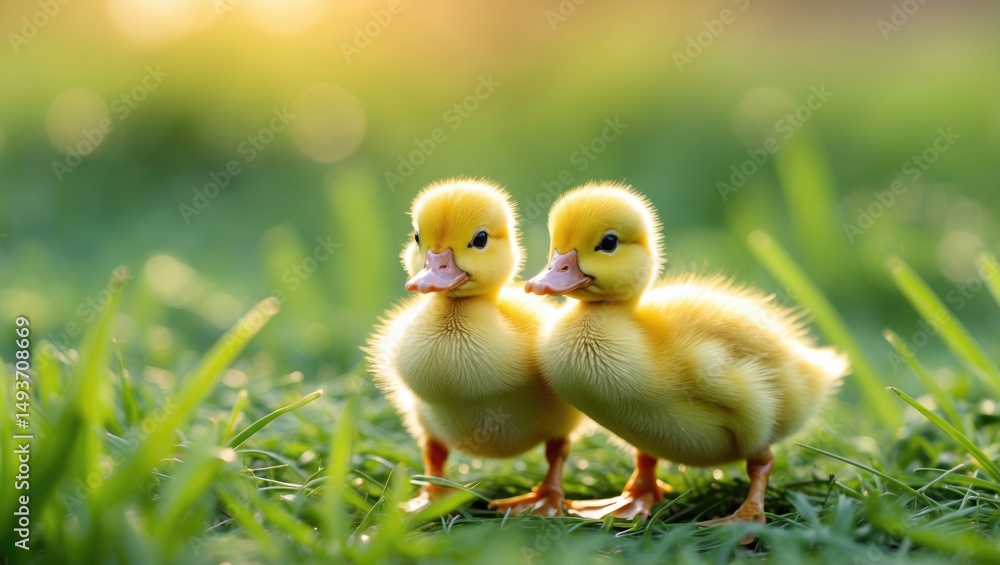 Two tiny yellow ducklings on grassy ground Two tiny yellow ducklings on grassy ground