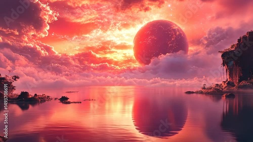 Surreal seascape with a large red planet dominating a fiery sunset, reflected in calm waters, featuring fantastical rock formations and lush vegetation