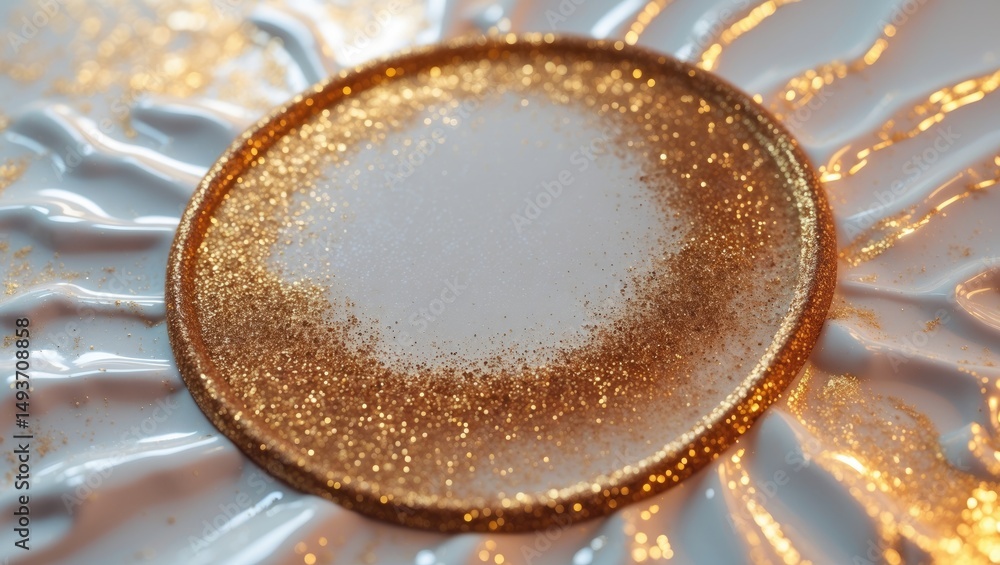 Fototapeta premium Abstract painting with gold and bronze glitter circles smearing on white. Shiny grunge background.