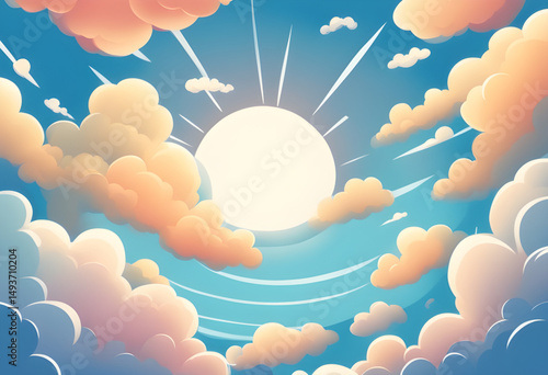 Clouds and sun, Sunny weather, Partly cloudy, Sun behind clouds, Cloudy sky, Sunshine illustration, Blue sky with clouds, Sun and clouds vector, Cartoon clouds and sun, Weather icon, Happy sun and clo