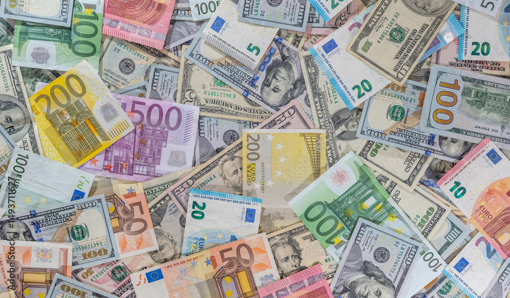 Fototapeta premium many dollar and euro banknote as background.