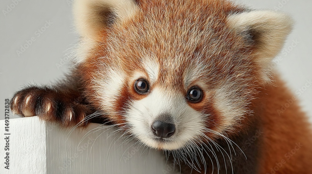 Obraz premium A red panda cub peeks over a white wall with its paw on the edge