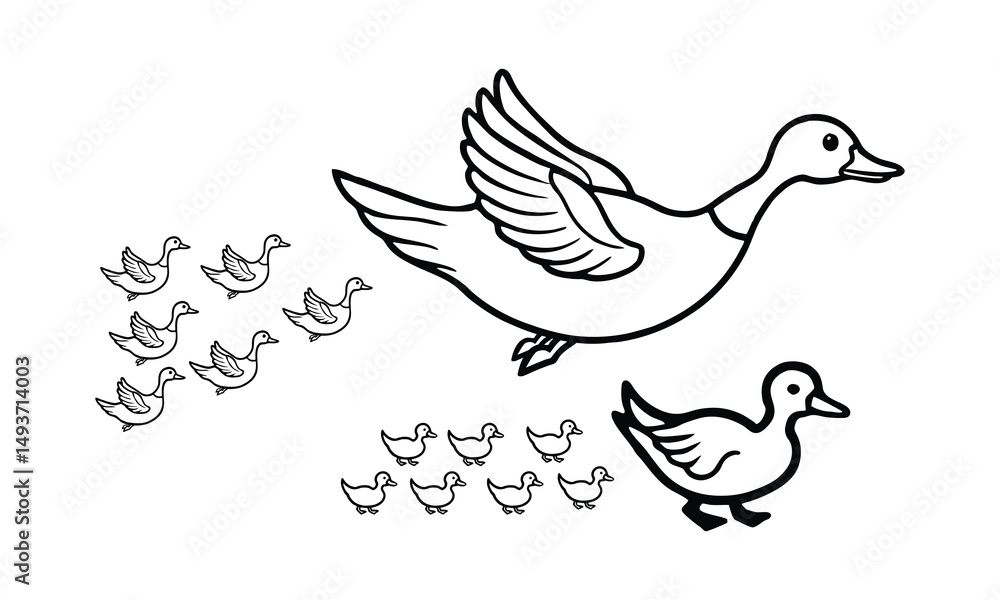 Fototapeta premium Illustration of Ducks in Flight Stylized Artwork of Flying Ducks