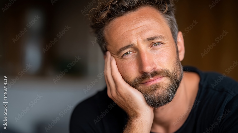 Fototapeta premium Contemplative man with thoughtful gaze rests his face