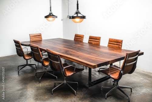 Large, wooden conference table with leather chairs in modern room