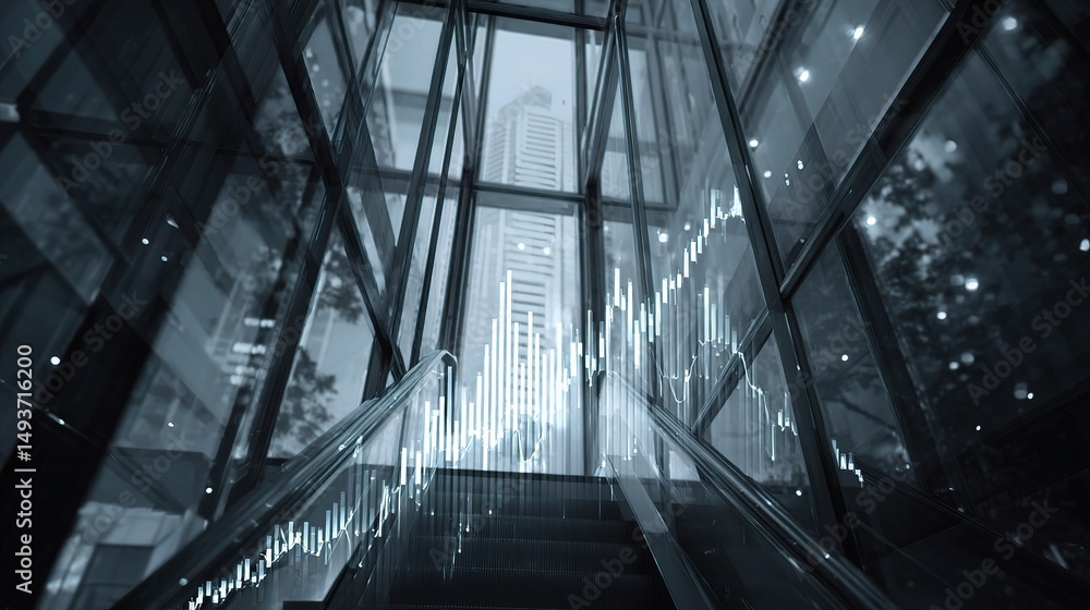 Fototapeta premium Double Exposure Business Elevator Ride with Future City Skyline
