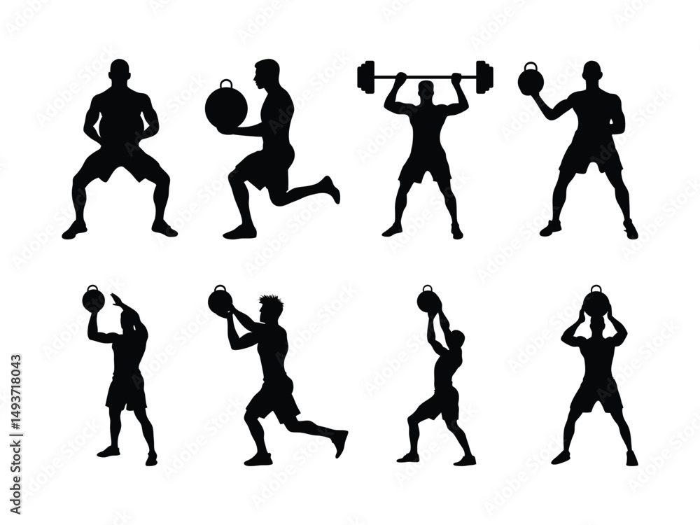 Obraz premium Silhouettes of athletes running, playing football, basketball, and tennis in action, showcasing men and women in sport