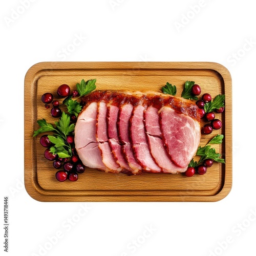 Glazed ham slices on wooden board isolated on white background