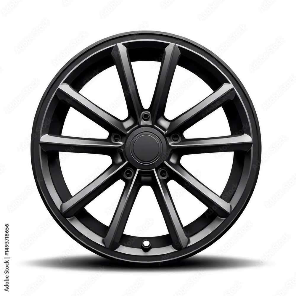 A close up shot of a dark gray car rim with ten spokes and a center cap on a white background A close up shot of a dark gray car rim with ten spokes and a center cap on a white background