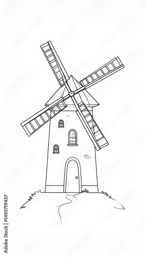 Obraz premium Detailed line art illustration of a traditional windmill on a grassy hill against a white background.