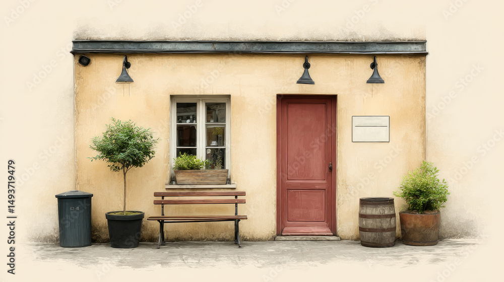 Charming Rustic Facade with Red Door and Bench in a Cozy Village Setting Charming Rustic Facade with Red Door and Bench in a Cozy Village Setting