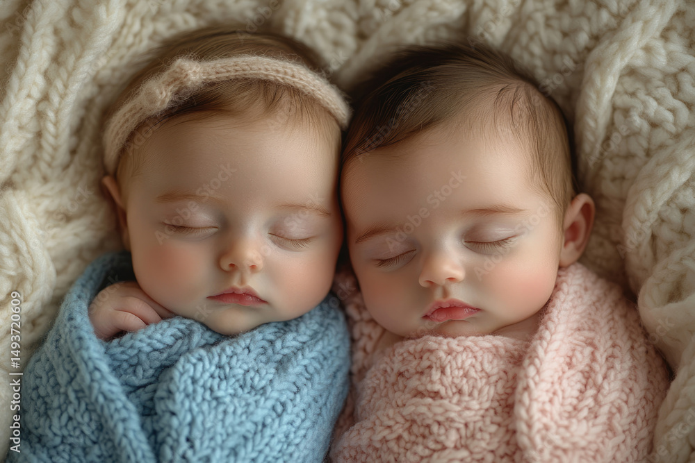 Overhead View Of Newborn Twins Resting In Blue And Pink Wraps Overhead View Of Newborn Twins Resting In Blue And Pink Wraps