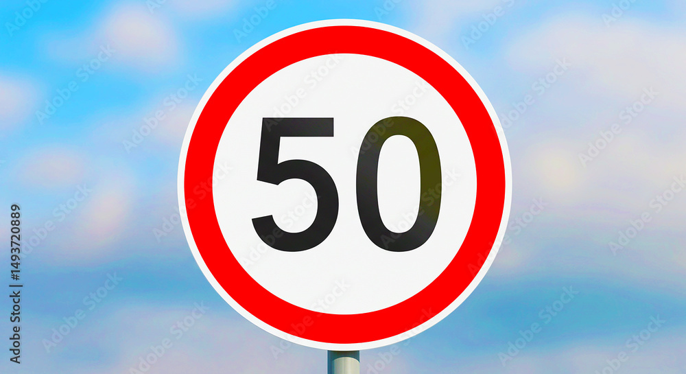 A speed limit sign showing a maximum of fifty with a red border against a blue sky background view A speed limit sign showing a maximum of fifty with a red border against a blue sky background view