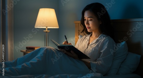Calm Evening Writing Session in Cozy Bedroom with Soft Lighting