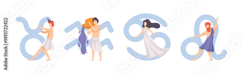 Zodiac Sign with Man and Woman Character Vector Set