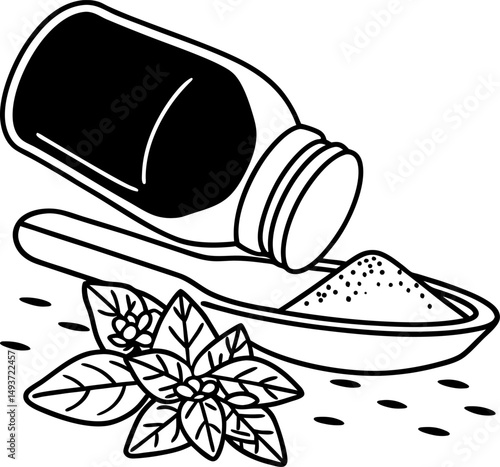 herbal powder with jar and spoon mint leaves illustration, natural remedy concept