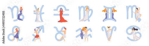 Zodiac Sign with Man and Woman Character Vector Set
