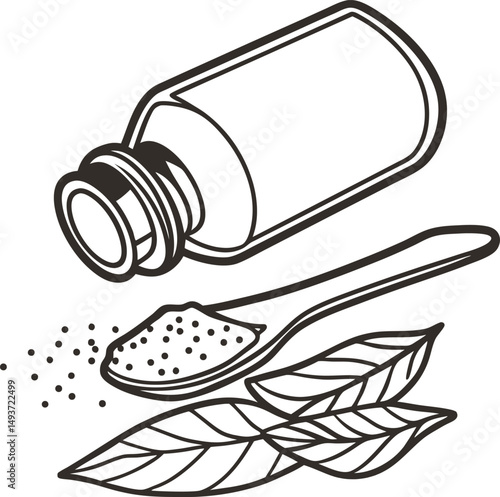 Black and white sketch of an open spice jar, spoonful of spice, and herbal leaves
