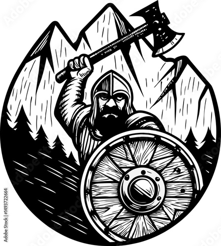 viking warrior with axe and shield in mountain forest woodcut style, fierce medieval combat illustration