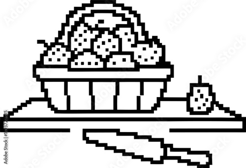 Pixel art basket of apples with knife on cutting board