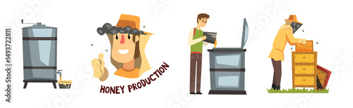 Man Beekeeper Harvest Honey from Bees Vector Set